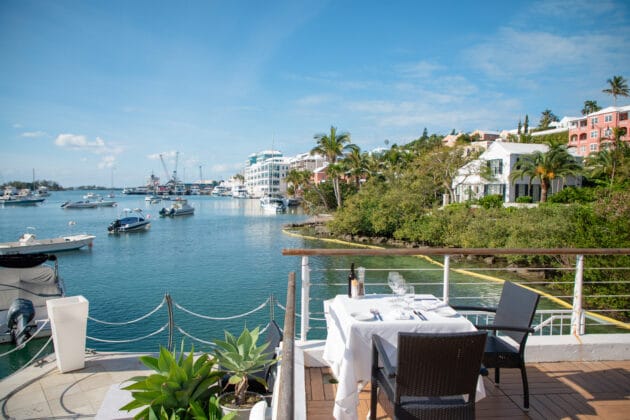 outdoor seating looking over the water at Harbourfront in bermuda